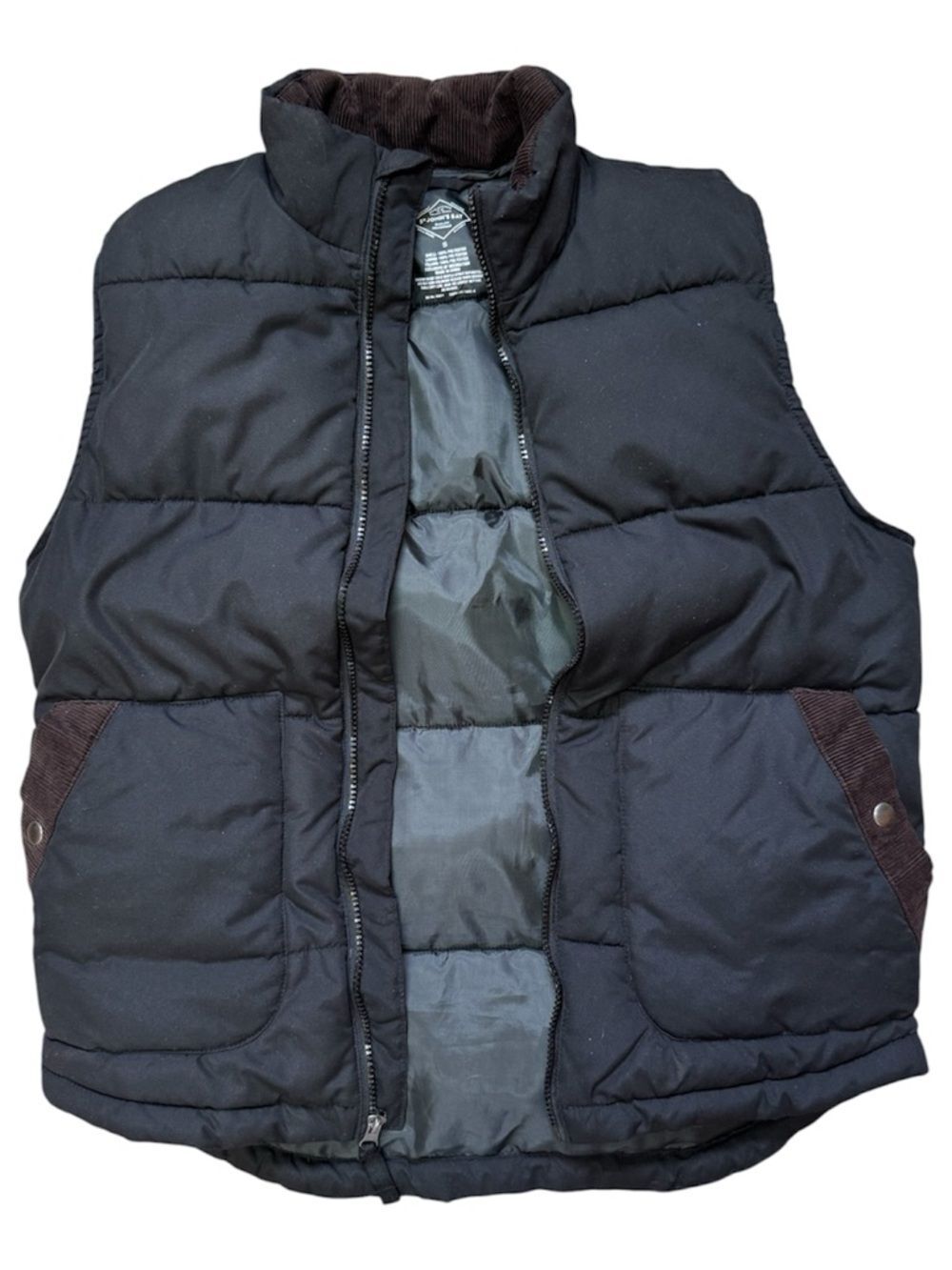 St.  John’s Bay Black Puffer Vest Brown Corduroy Trim Zip Front Men’s Small